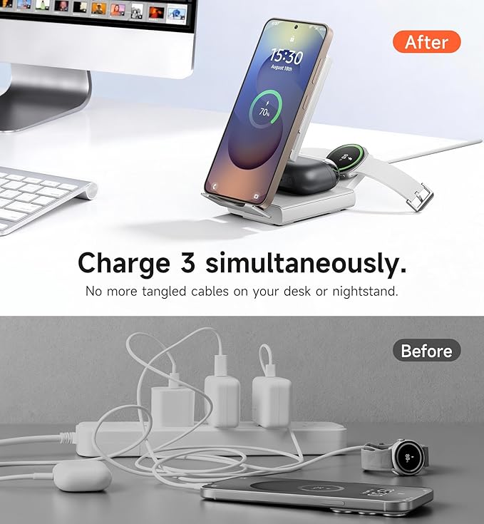 SURITCH for Samsung 3-in-1 Wireless Charging Station, 15W Ultra-Compact Chargers Foldable Charging Dock Stand for Galaxy S25 S24 S23 S22 S21 Z Fold/Z Flip, Galaxy Watch 8/7/6/5/4/3, Galaxy Buds, White