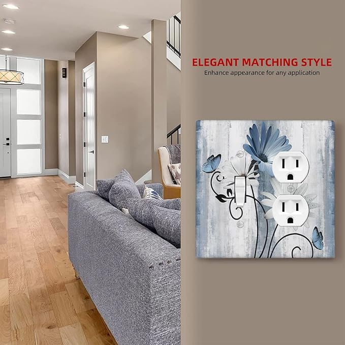 Decorative Outlet Covers Rustic Blue White Daisy Ink Flower 2 Gang Light Switch Cover Plate Single Toggle Duplex Wall Plates for Electrical Outlets Switch Plate Covers for Bedroom Home Decor