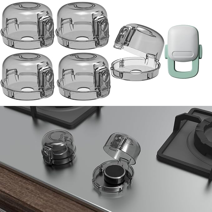 Stove Knob Covers for Child Safety - 5+1 Pack Upgraded Double-Key Design, Universal Fit Gas Oven Knob Locks, Heat-Resistant Clear View Baby Proof Covers for Kids and Pets (Black)