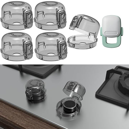 Stove Knob Covers for Child Safety - 5+1 Pack Upgraded Double-Key Design, Universal Fit Gas Oven Knob Locks, Heat-Resistant Clear View Baby Proof Covers for Kids and Pets (Black)