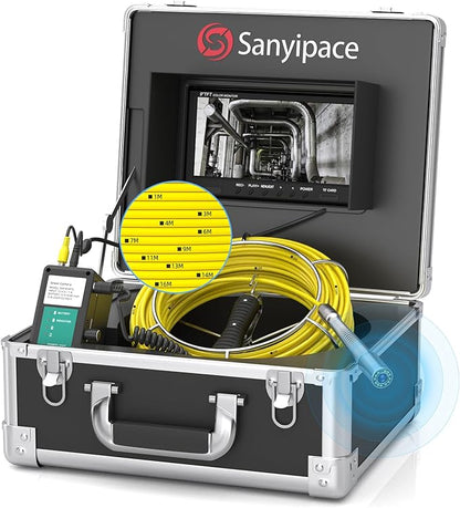 Sanyipace Sewer Camera 100FT/30M with 512Hz Transmitter, Drain Camera Pipe Inspection Camera with Self-Leveling, Clear Meter Marks, IP68 Waterproof, 9" HD Color Screen, Video Record up to 128GB