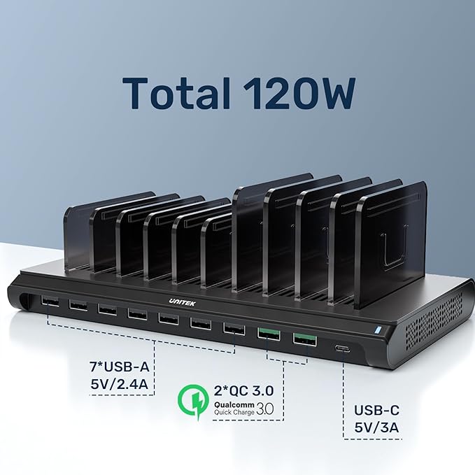 Unitek Multi USB Charging Station - 10 Ports Fast iPad Charging Dock with Type-C & 2 QC 3.0 Port, Charger Station Organizer for Multiple Devices Designed for iPhone, Kindle, Android, Tablets