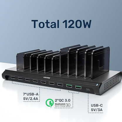 Unitek Multi USB Charging Station - 10 Ports Fast iPad Charging Dock with Type-C & 2 QC 3.0 Port, Charger Station Organizer for Multiple Devices Designed for iPhone, Kindle, Android, Tablets