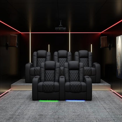 Weilianda Home Theater Seating Top Grain Leather Zero Gravity Recliner Chair Power Headrest Recline Movie Seat Gaming 7 Colors Mood Light Sofa with Tray Table USB Charge Row of 6 Black