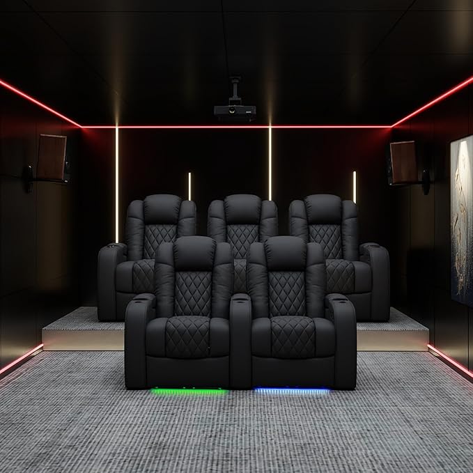 Weilianda Home Theater Seating Top Grain Leather Zero Gravity Recliner Chair Power Headrest Recline Movie Seat Gaming 7 Colors Mood Light Sofa with Tray Table USB Charge Row of 2 Black