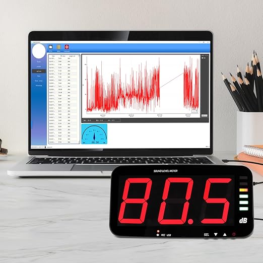 Decibel Meter Sound Level Meter with Data Logging, 13" Large LCD Display Wall Mounted Noise Meter for Classroom w/ 16.4ft Corded Sensor & Alarm Output for Studio Decibel Noise Measuring and Recording