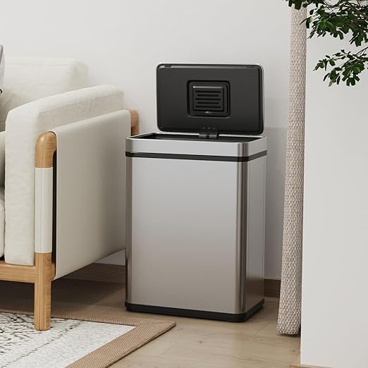 50L / 13 Gallon Smart Automatic Trash Can with Deodorizer Compartment, Stainless Steel Body and Mute Sensor Lid for Kitchen Office Living Room and More, Assemble Large Capacity Garbage Can - Silver