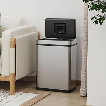 50L / 13 Gallon Smart Automatic Trash Can with Deodorizer Compartment, Stainless Steel Body and Mute Sensor Lid for Kitchen Office Living Room and More, Assemble Large Capacity Garbage Can - Silver