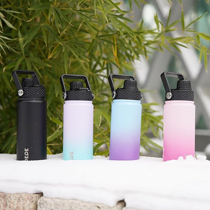 BJPKPK 2 Pack Insulated Water Bottles with Straw Lids, 18oz Stainless Steel Metal Water Bottle with 6 Lids, Leak Proof BPA Free Jugs, Cups, Flasks for Travel, Sports (Cherry+Black)