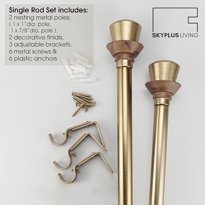 Modern Style Single Curtain Rod Set with Antique Brass Round Wood Look Finial, 36-72 in, Standard Single Whtie Drapery Rod for 1 Pack, 1 in diameter, Adjustable Length