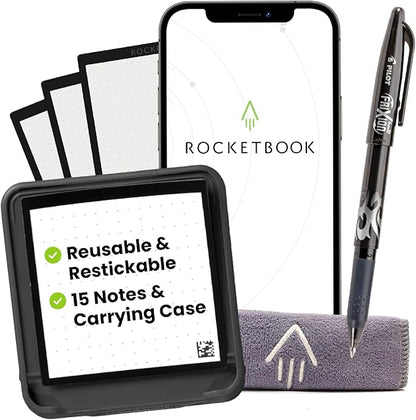 Rocketbook Reusable Sticky Notes Starter Pack, Restick and Reorganize Memo Pads, 3"x3", 15 Black Sticky Notes, Includes Pen, Towel + Carrying Case (Kit of 1)