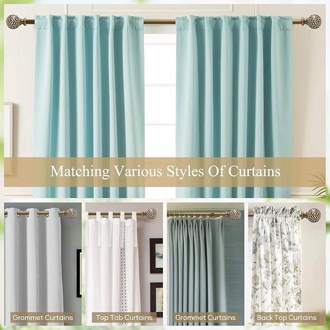 Boho Wooden Curtain Rods for Windows 28 to 48 Inches(2.3-4 ft), Adjustable-Heavy Duty 1" Diameter Drapery Rod with Imitation Wood-Grain Leaf-Pattern Finials - for Living Room & Bedroom，18-45''