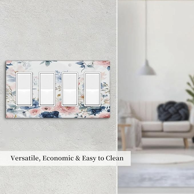 Elegant Watercolor Pink Blue Flowers Floral 4 Gang Wall Plates Outlet Covers Triple Rocker Light Switch Cover Plate Decorative Switch Plates GFCI Electrical Faceplate for Bathroom Bedroom 4.5 X 8 IN