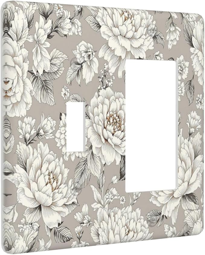White Poppies Floral Modern Grey Peonies Flowers Outlet Covers 1 Toggle 1 Rocker Combination Light Switch Cover Plate Decorative Wall Plate Electrical Switch Plates for Bedroom Bathroom