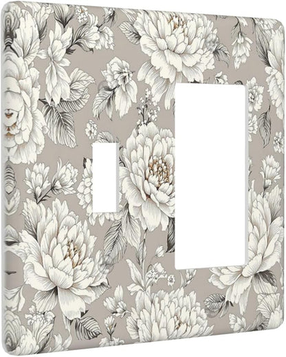 White Poppies Floral Modern Grey Peonies Flowers Outlet Covers 1 Toggle 1 Rocker Combination Light Switch Cover Plate Decorative Wall Plate Electrical Switch Plates for Bedroom Bathroom