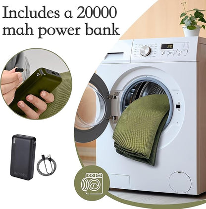 Wearable Heated Blanket Shawl 71" × 43", Includes 2× 20000mAh 22.2W Power Bank, 11 Heating Zones, 3 Heat Levels & 1–6H Timer, 20s Fast Warm, Machine Washable for Camping/Office/Travel (Green)