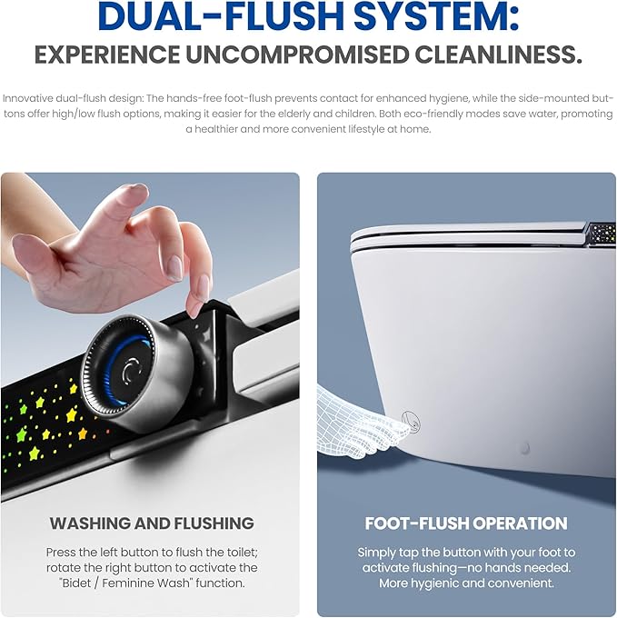Smart Toilet, ADA Height Elongated with Quiet Dual Pump, 4-Level Heated Seat, Foot Sensor & Automatic Flushing, LED Light