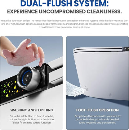 Smart Toilet with Automatic Opening Lid, Microwave & Foot Sensor, Bidet Wash & Air Dryer, Self-Cleaning Nozzle, LED Display, Quiet Dual Pump