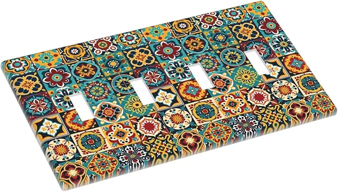 Light Switch Covers Mexican Talavera Colorful Mosaic Tiles Quad Toggle Electrical Faceplate 4 Gang Wall Plate Decorative Switch Plates For Bathroom Kitchen Decor