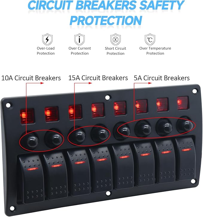 Geloo 8 Gang Marine Rocker Switch Panel, Boat Switch Panel Waterproof, 12V Switch Panel with Red LED Light, Aluminum Switch Panel for Car RV Truck with 5A 10A 15A Circuit Breaker
