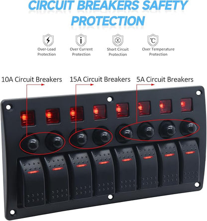 Geloo 8 Gang Marine Rocker Switch Panel, Boat Switch Panel Waterproof, 12V Switch Panel with Red LED Light, Aluminum Switch Panel for Car RV Truck with 5A 10A 15A Circuit Breaker