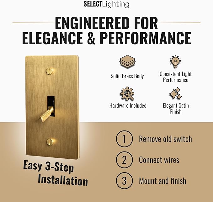 1-Gang Satin Solid Brass Plated Toggle Switch, 15A 120V AC Wall Mount, 3-Way Compatible Vintage Style Single Pole with Faceplate & Switch Module