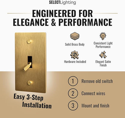1-Gang Satin Solid Brass Plated Toggle Switch, 15A 120V AC Wall Mount, 3-Way Compatible Vintage Style Single Pole with Faceplate & Switch Module