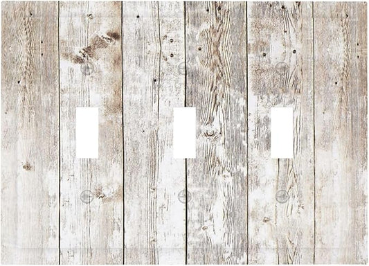Vintage Light Wood Retro Rustic White Gray Oak Print Decorative Switch Plates 3 Gang Wall Plate Triple Toggle Light Switch Cover Faceplate Electrical Wall Panels for Farmhouse Home Decor