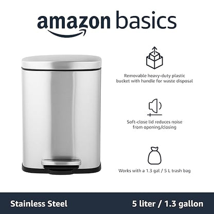 Amazon Basics Smudge Resistant Mini Rectangular Trash Can With Soft-Close Foot Pedal, Brushed Stainless Steel, for Bathroom & small space, 5L/1.32 Gal, 7.3x8.5x11.8 in, Satin Nickel Finish