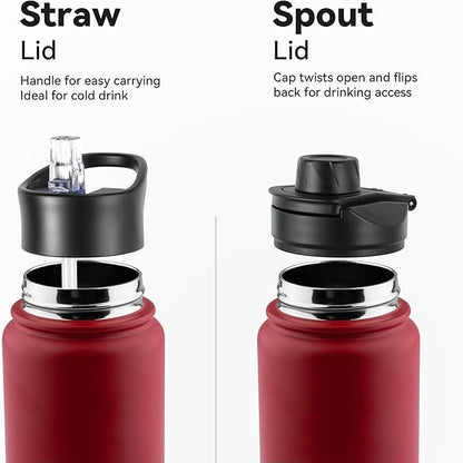 24oz Insulated Water Bottle with Straw Lid, Stainless Steel Metal Water Bottle with Straw & Wide Mouth Lid, Double Wall Vacuum Water Bottle for Hiking Camping, Red 1 Pack