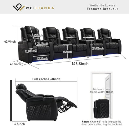 Weilianda Home Theater Seating Top Grain Leather Zero Gravity Recliner Chair Power Headrest Recline Movie Seat Gaming 7 Colors Mood Light Sofa with Tray Table USB Charge Row of 5 Black
