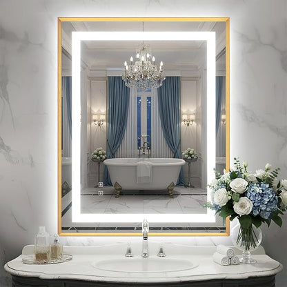 28X36 Inch LED Bathroom Mirror with Lights, Gold Frame Frontlit+ Backlit Bathroom Vanity Mirror for Wall, Ultra-Clear Tempered Glass, Shatter-Proof, Anti-Fog and Memory Function, ETL Listed