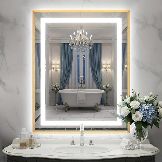 28X36 Inch LED Bathroom Mirror with Lights, Gold Frame Frontlit+ Backlit Bathroom Vanity Mirror for Wall, Ultra-Clear Tempered Glass, Shatter-Proof, Anti-Fog and Memory Function, ETL Listed