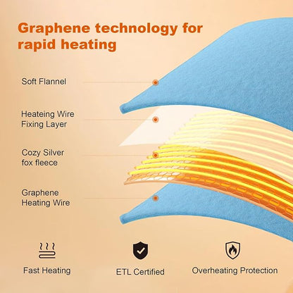 Graphene Heated Blanket Battery Operated, 20000mAh Battery 7.4V Fast Heating Blanket 70''x 35'' Portable Heated Shawl with Fleece Lining, Cordless Heated Shawl, Gift for Women (Blue)