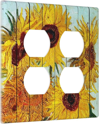 Outlet Covers Sunflowers Oil Paintings Wood Floral 2 Gang Double Duplex Decorative Light Switch Covers Electrical Wallplates Socket Faceplate For Farmhouse Bed Room Decor