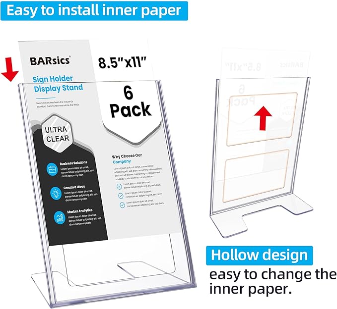 BARsics Plastic Sign Holder 8.5x11 Clear, Top-Load Paper Standing Display (Pack of 6)