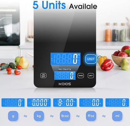 KOIOS Food Scale, 33lb/15kg Digital Kitchen Scale Weight in Grams and Ounces for Cooking Baking, 1g/0.1oz Precise Graduation, Batteries and Type-C Charging, Tare Function, LCD Display, Black