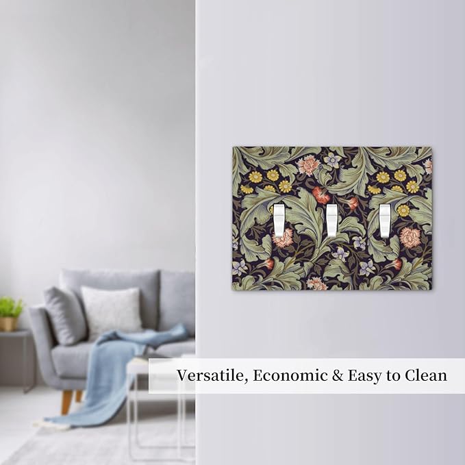 Boho William Morris Floral Green Leaves Flower Decorative Switch Plates 3 Gang Wall Plate Triple Toggle Light Switch Cover Faceplate Electrical Wall Panels for Farmhouse Home Decor