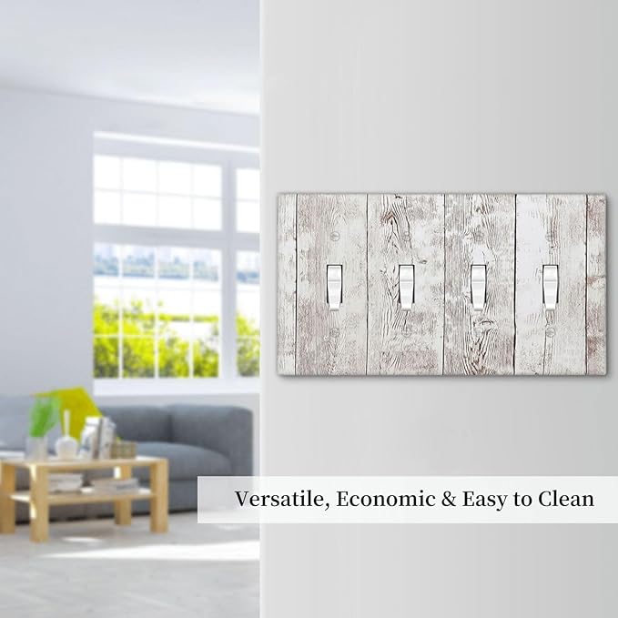 Light Switch Covers Rustic Vintage White Wood Grain Quad Toggle Electrical Faceplate 4 Gang Wall Plate Decorative Switch Plates for Farmhouse Home Decor
