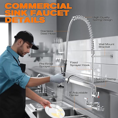 21" Height Commercial Faucet with Sprayer, 8" Adjustable Center & 8" Add-on Swing Spout, Wall Mount Pre Rinse Commercial Sink Faucet for Commercial Restaurant Industrial Kitchen