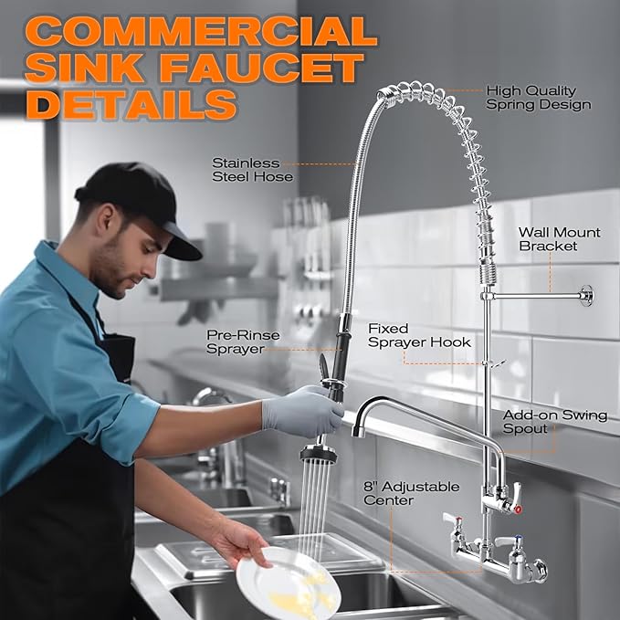25" Height Commercial Faucet with Sprayer, 8" Adjustable Center & 12" Add-on Swing Spout, Wall Mount Pre Rinse Commercial Sink Faucet for Commercial Restaurant Industrial Kitchen (Chrome)