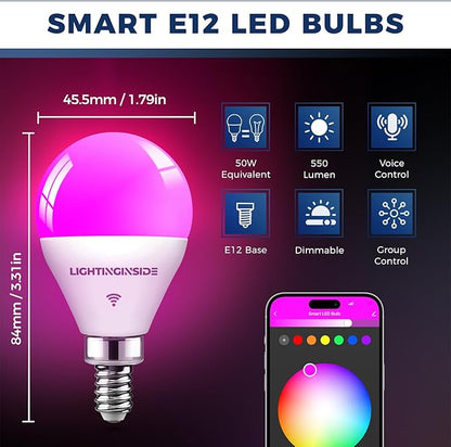 Lightinginside E12 Smart Light Bulbs 50W Equiv., G16.5 RGBCW Candelabra Chandelier Ceiling Fan Smart Bulb Works with Alexa/Google Home/Smart Life, 5W 550LM, 2.4G WiFi Bluetooth Bulb, ETL Listed, 6PCS