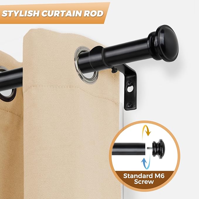 TONIAL 2 Pack Curtain Rods for Windows 48 to 84 Inch, Telescoping Splicing 3/4 Inch Single Rods for Windows Decorative Drapery Rod 32 to 86 with Small Finial, Black