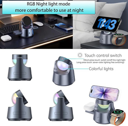 Smart iPhone Charger 4 in 1 Wireless Charging Station for iPhone, Apple Watch & AirPods – Motorized Expandable Dock with 110° Rotation, 15W, RGB Night Light, CE/FCC Certified