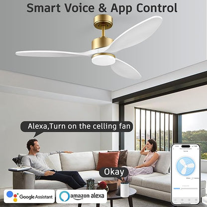 cumilo 52" Wood Smart Ceiling Fans with Remote,Quiet DC Motor,Dimmable,Control with Alexa Google Voice App,Outdoor Indoor Modern Ceiling Fan for Bedroom Patio,Gold and White