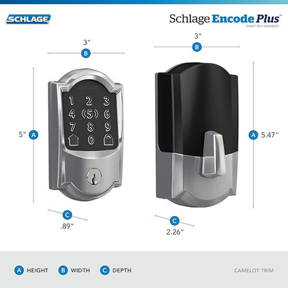 Schlage BE499WB CAM 625 Encode Plus WiFi Deadbolt Smart Lock, Keyless Entry Touchscreen Door Lock with Camelot Trim, Bright Chrome
