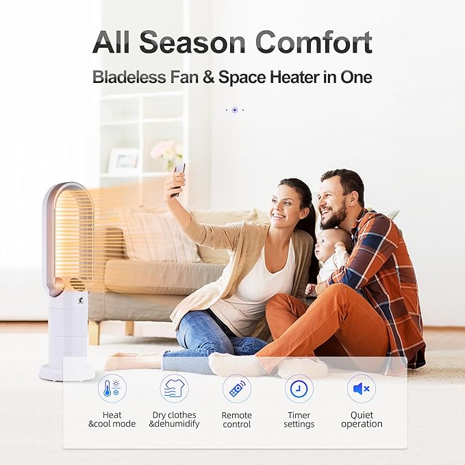 Ocean Loong 1500W Bladeless Tower Fan & Space Heater Combo for Home with Remote Control Timer Oscillation Tip-Over Switch and Adjustable Thermostat, 29” Silver
