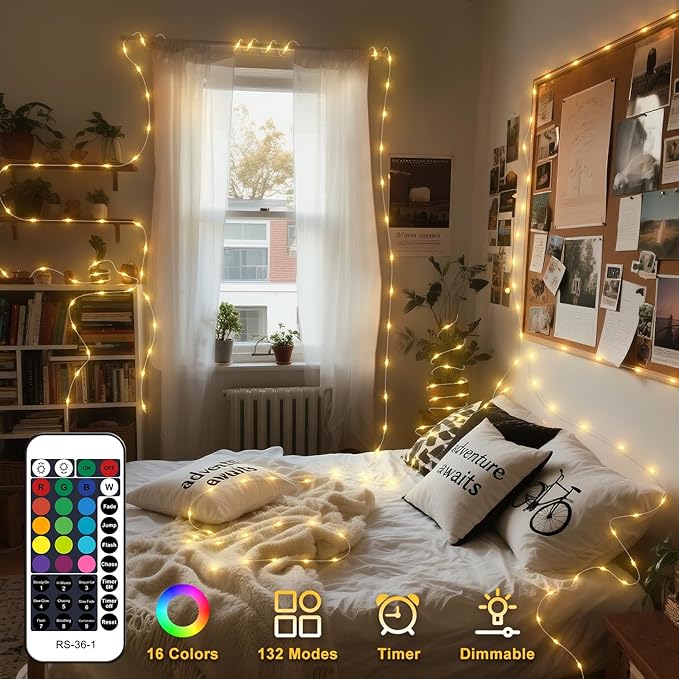 OMIKA 16.4ft 50 LEDs16 Color Battery Operated & USB Powered String Lights, with Remote Timer Waterproof Silver Wire Twinkle Lights for Room Garden Patio Indoor Outdoor Decor(132 Modes)
