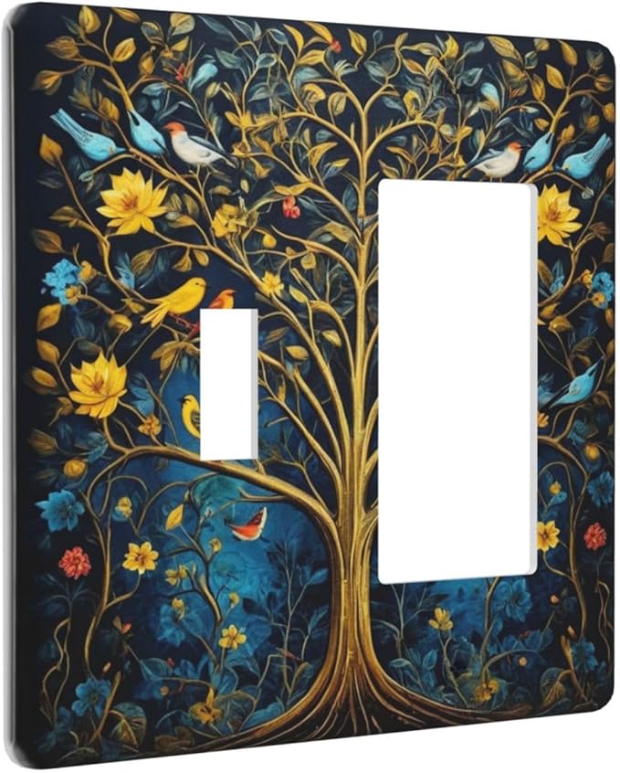 Gold Tree With Birds Flowers on Branches Light Switch Covers 2 Gang Single Toggle Rocker Combination Wall Plate Cover Electrical Faceplate Decorative Switchplate for Farmhouse Living Decor