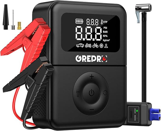 GREPRO Jump Starter with Air Compressor, 5000A Battery Jumper Starter Portable(9.0L Gas/7.0L Diesel),150PSI Tire Inflator 12V Car Battery Booster with Jumper Cables, Digital Display, LED Flashlight